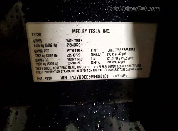 5YJYGDEE6MF080101 2021 TESLA MODEL Черный Вид наклейки с VIN-кодом