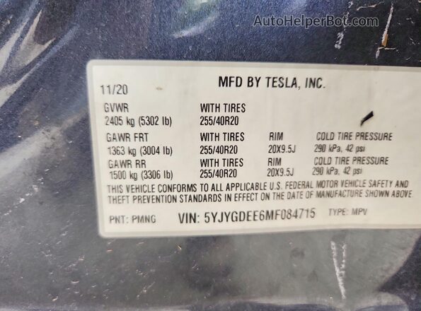5YJYGDEE6MF084715 2021 TESLA MODEL Gray Widok naklejki z numerem VIN
