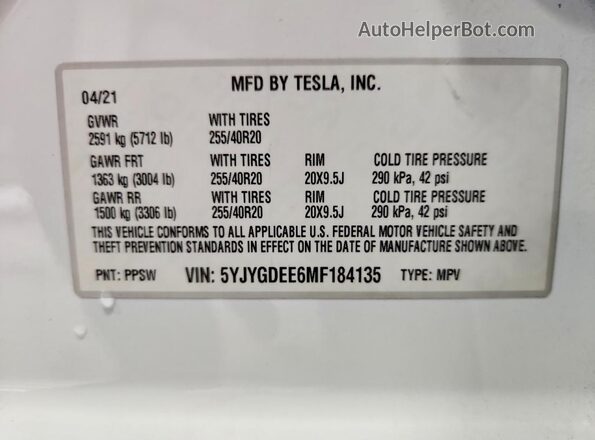 5YJYGDEE6MF184135 2021 TESLA MODEL White ძრავის განყოფილების ხედი