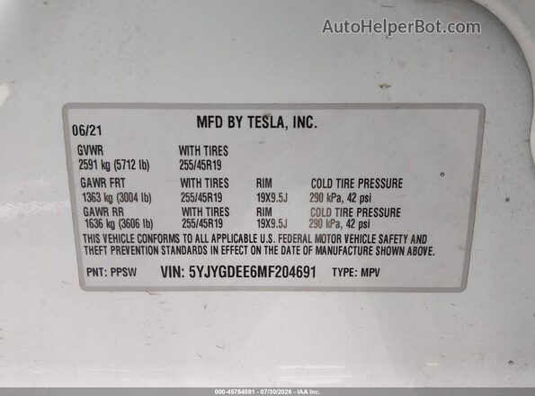 5YJYGDEE6MF204691 2021 TESLA MODEL Y White Widok komory silnika