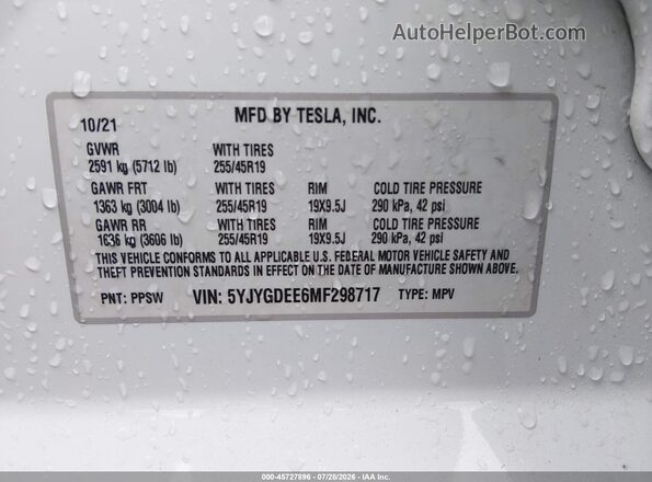 5YJYGDEE6MF298717 2021 TESLA MODEL Y White 