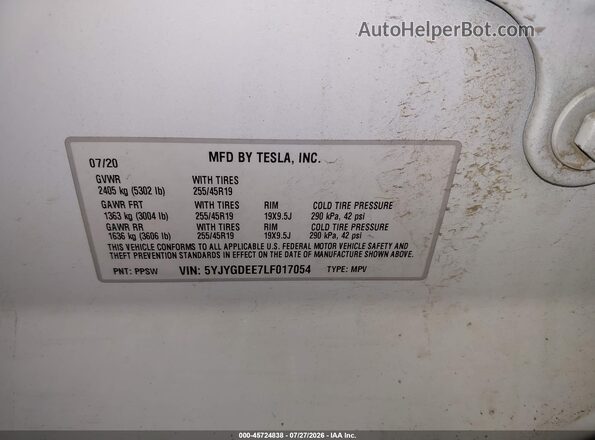 5YJYGDEE7LF017054 2020 TESLA MODEL Y White Engine compartment view