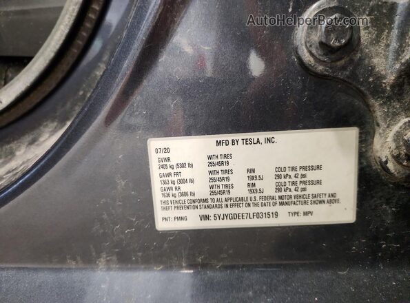 5YJYGDEE7LF031519 2020 TESLA MODEL Gray VIN sticker view