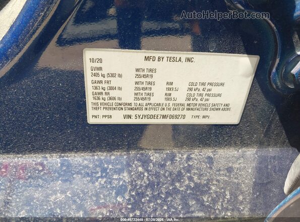 5YJYGDEE7MF069270 2021 TESLA MODEL Y Blue Вид підкапотного простору