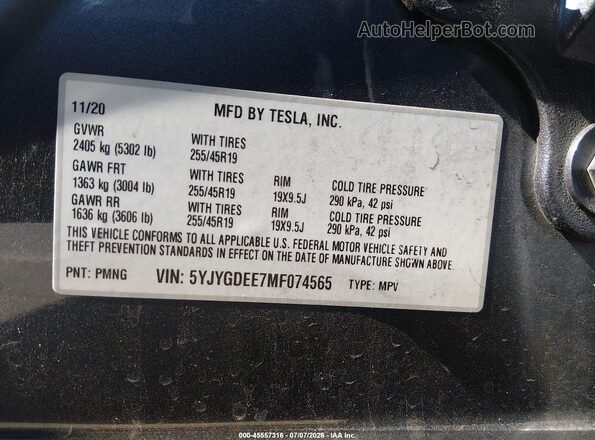 5YJYGDEE7MF074565 2021 TESLA MODEL Y Gray Widok komory silnika