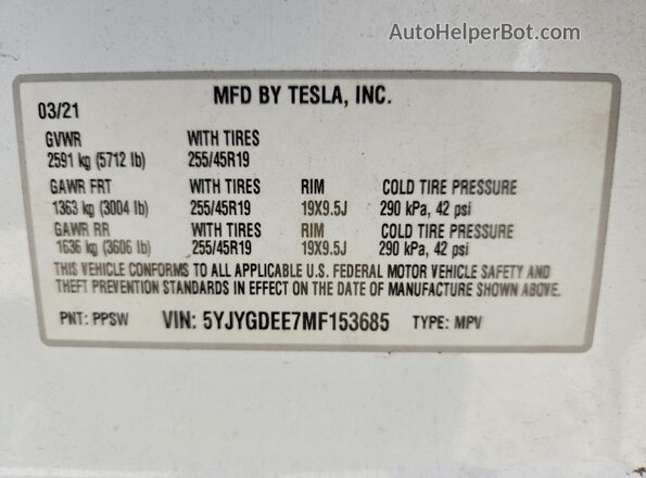 5YJYGDEE7MF153685 2021 TESLA MODEL Белый Вид наклейки с VIN-кодом