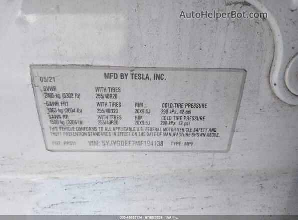 5YJYGDEE7MF194138 2021 TESLA MODEL Y Белый Вид подкапотного пространства