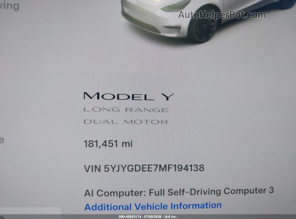 5YJYGDEE7MF194138 2021 TESLA MODEL Y Белый 