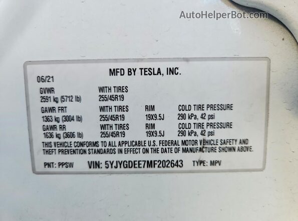 5YJYGDEE7MF202643 2021 TESLA MODEL White Вид підкапотного простору