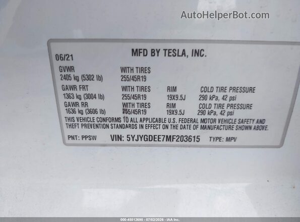 5YJYGDEE7MF203615 2021 TESLA MODEL Y Белый Вид подкапотного пространства