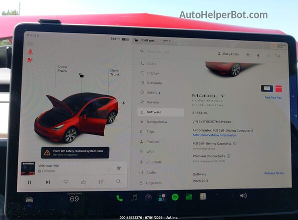 5YJYGDEE7MF219233 2021 TESLA MODEL Y Red Widok tylnych siedzeń