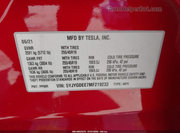 5YJYGDEE7MF219233 2021 TESLA MODEL Y Red Widok komory silnika