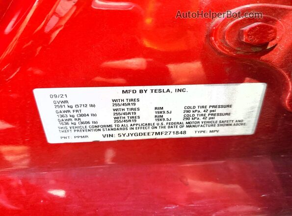 5YJYGDEE7MF271848 2021 TESLA MODEL Red VIN sticker view