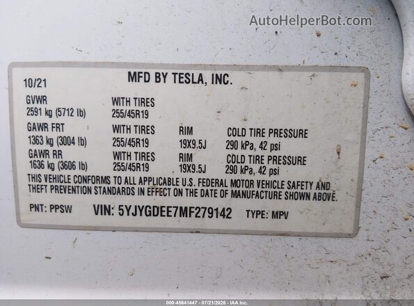 5YJYGDEE7MF279142 2021 TESLA MODEL Y Белый Вид подкапотного пространства
