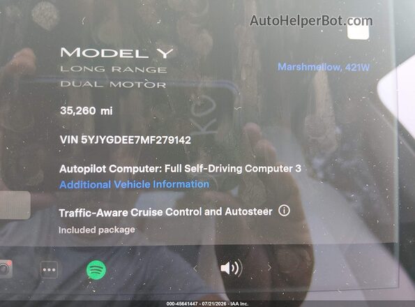 5YJYGDEE7MF279142 2021 TESLA MODEL Y Белый 