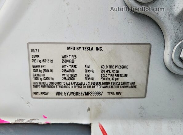 5YJYGDEE7MF299987 2021 TESLA MODEL White Engine compartment view