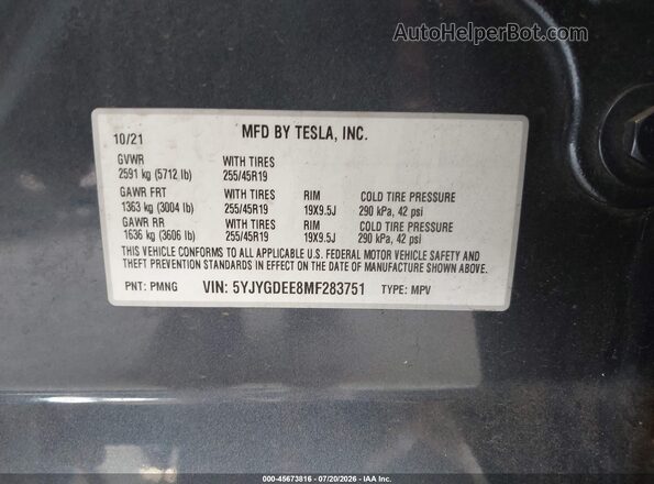 5YJYGDEE8MF283751 2021 TESLA MODEL Y Gray ძრავის განყოფილების ხედი