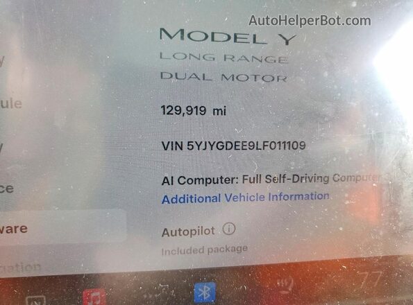 5YJYGDEE9LF011109 2020 TESLA MODEL White Vista del cuadro de instrumentos