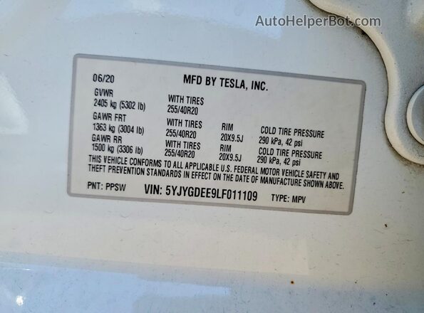 5YJYGDEE9LF011109 2020 TESLA MODEL White Vista del compartimento del motor