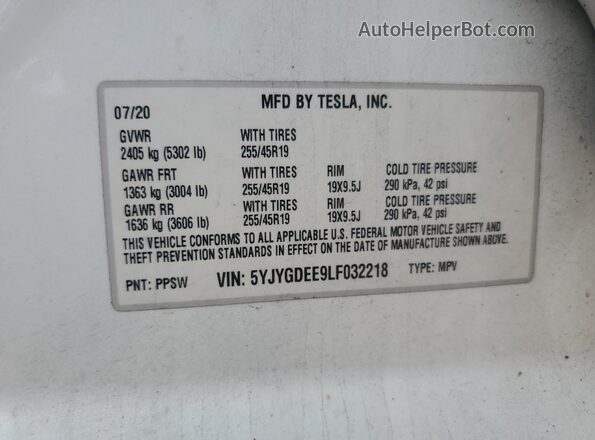 5YJYGDEE9LF032218 2020 TESLA MODEL White Vista de la etiqueta del VIN