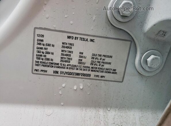 5YJYGDEE9MF098009 2021 TESLA MODEL White Widok naklejki z numerem VIN