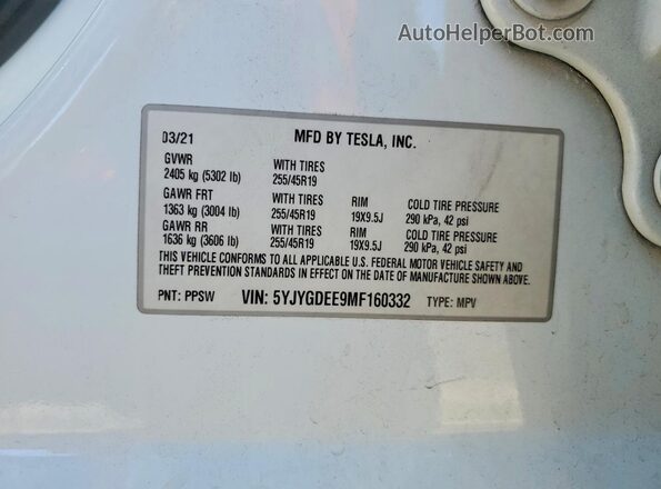 5YJYGDEE9MF160332 2021 TESLA MODEL White VIN sticker view