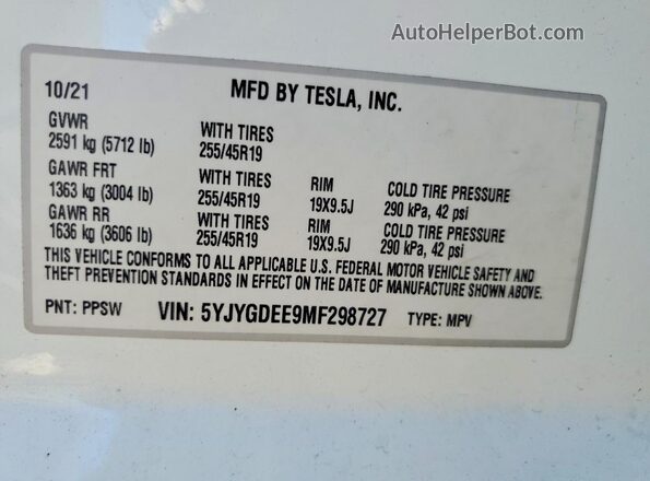 5YJYGDEE9MF298727 2021 TESLA MODEL White Вид наклейки з VIN-кодом