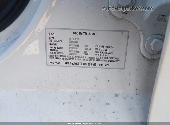 5YJYGDEEXMF188463 2021 TESLA MODEL Y Белый Вид задних сидений