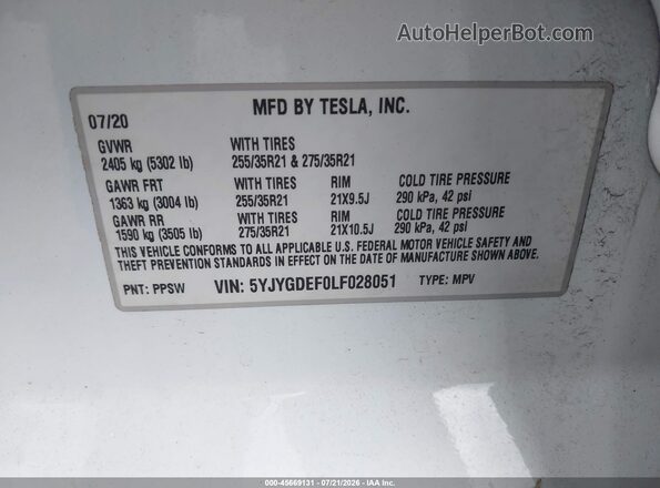 5YJYGDEF0LF028051 2020 TESLA MODEL Y White Շարժիչի բաժամունքի տեսք