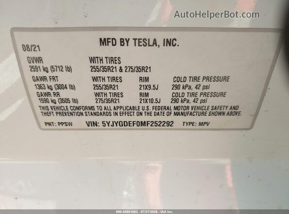 5YJYGDEF0MF252292 2021 TESLA MODEL Y Белый Вид подкапотного пространства