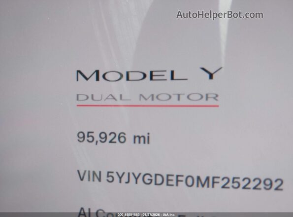 5YJYGDEF0MF252292 2021 TESLA MODEL Y Белый 