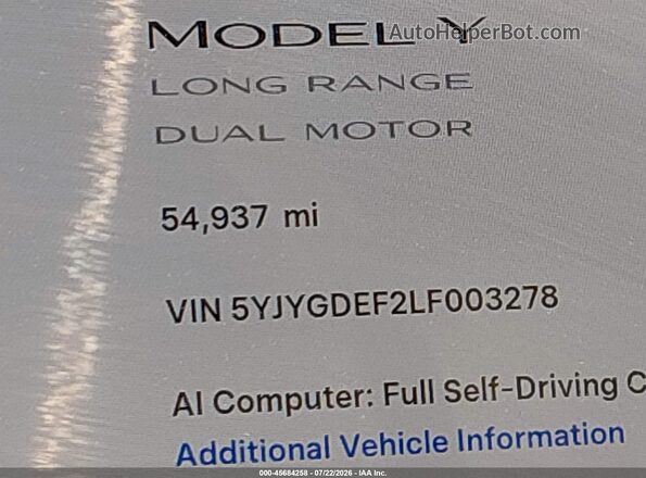 5YJYGDEF2LF003278 2020 TESLA MODEL Y Blue 