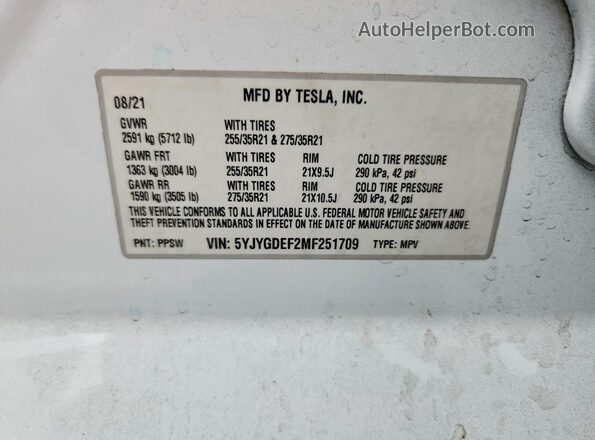 5YJYGDEF2MF251709 2021 TESLA MODEL Белый Вид наклейки с VIN-кодом
