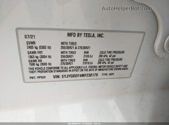 5YJYGDEF4MF230179 2021 TESLA MODEL Y White Շարժիչի բաժամունքի տեսք