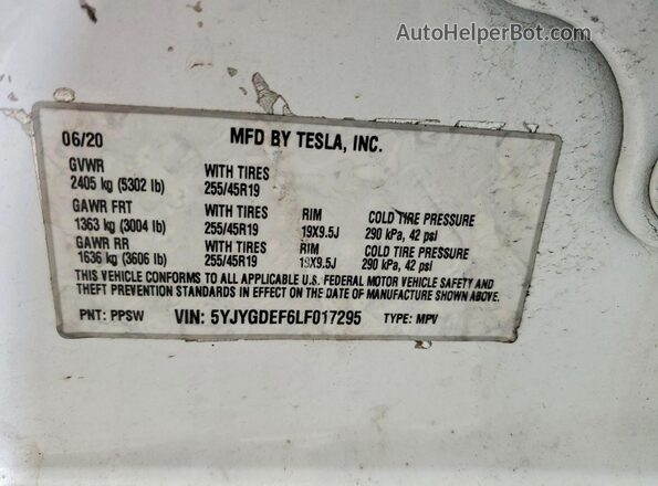 5YJYGDEF6LF017295 2020 TESLA MODEL Белый Вид наклейки с VIN-кодом