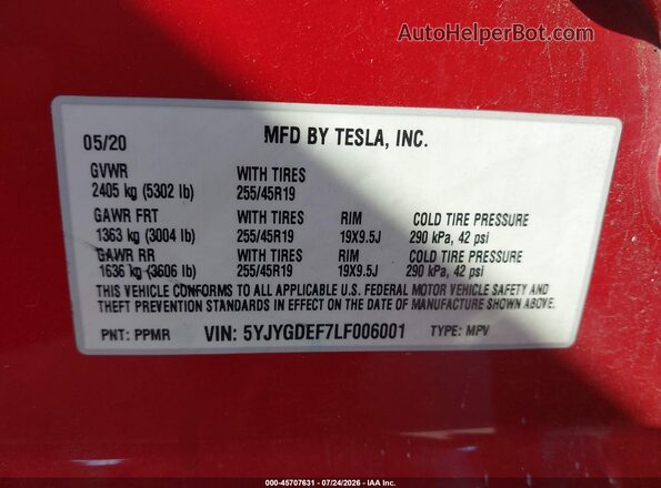 5YJYGDEF7LF006001 2020 TESLA MODEL Y Red Vista del compartimento del motor