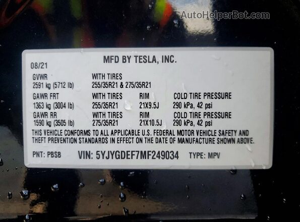 5YJYGDEF7MF249034 2021 TESLA MODEL Black Vista de la etiqueta del VIN