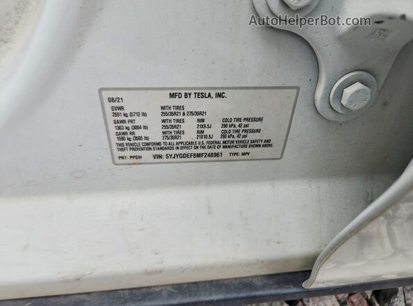 5YJYGDEF8MF248961 2021 TESLA MODEL White Vista del compartimento del motor