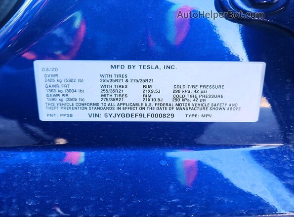 5YJYGDEF9LF000829 2020 TESLA MODEL Синий Вид подкапотного пространства