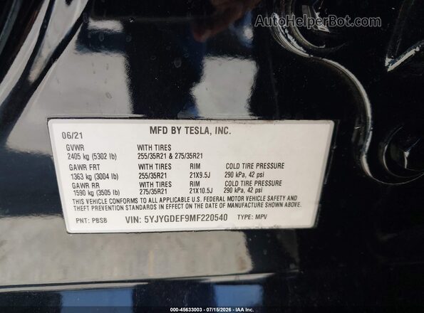 5YJYGDEF9MF220540 2021 TESLA MODEL Y Black Vista del compartimento del motor