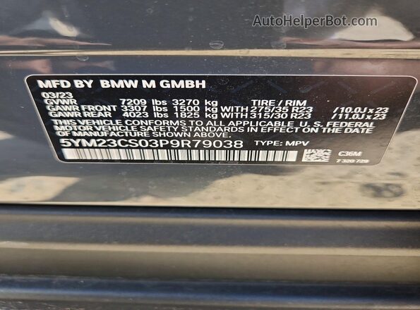 5YM23CS03P9R79038 2023 BMW XM Серый Вид наклейки с VIN-кодом