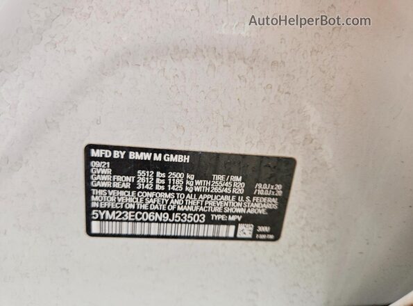5YM23EC06N9J53503 2022 BMW X4 White VIN კოდის სტიკერის ხედი