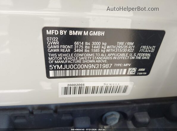 5YMJU0C00N9N31987 2022 BMW X5 White Widok komory silnika