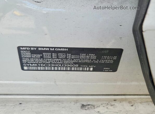 5YMKT6C33H0U39608 2017 BMW X5 Белый Вид наклейки с VIN-кодом
