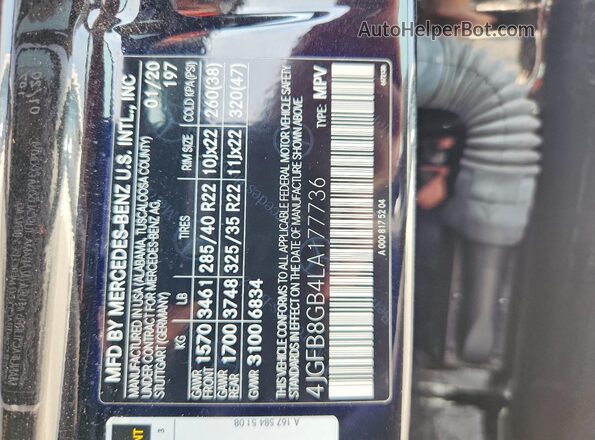 4JGFB8GB4LA177736 2020 MERCEDES-BENZ GLE Черный Вид наклейки с VIN-кодом