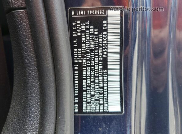 3VWYT7AUXGM068315 2016 VOLKSWAGEN GTI Blue VIN կոդի պիտակի տեսք