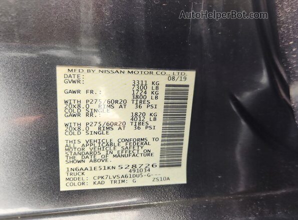 1N6AA1E51KN528726 2019 NISSAN TITAN Gray Вид наклейки з VIN-кодом