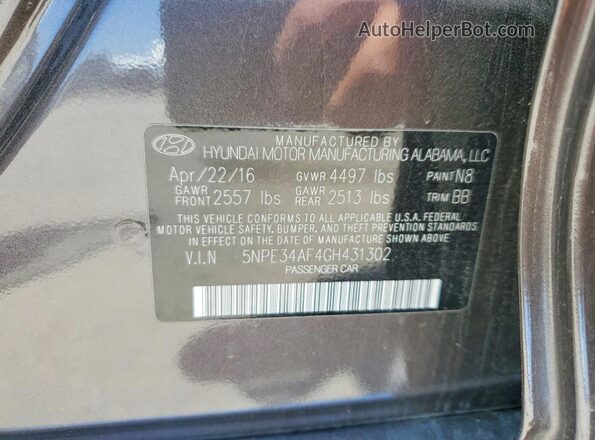 5NPE34AF4GH431302 2016 HYUNDAI SONATA Gray VIN sticker view