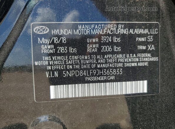5NPD84LF9JH365833 2018 HYUNDAI ELANTRA Black Вид наклейки з VIN-кодом