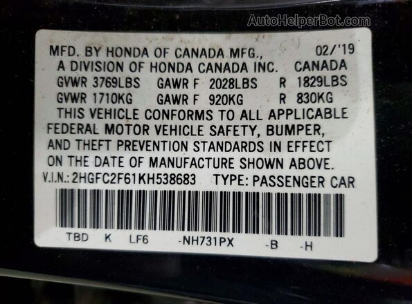 2HGFC2F61KH538683 2019 HONDA CIVIC Black Vista de la etiqueta del VIN